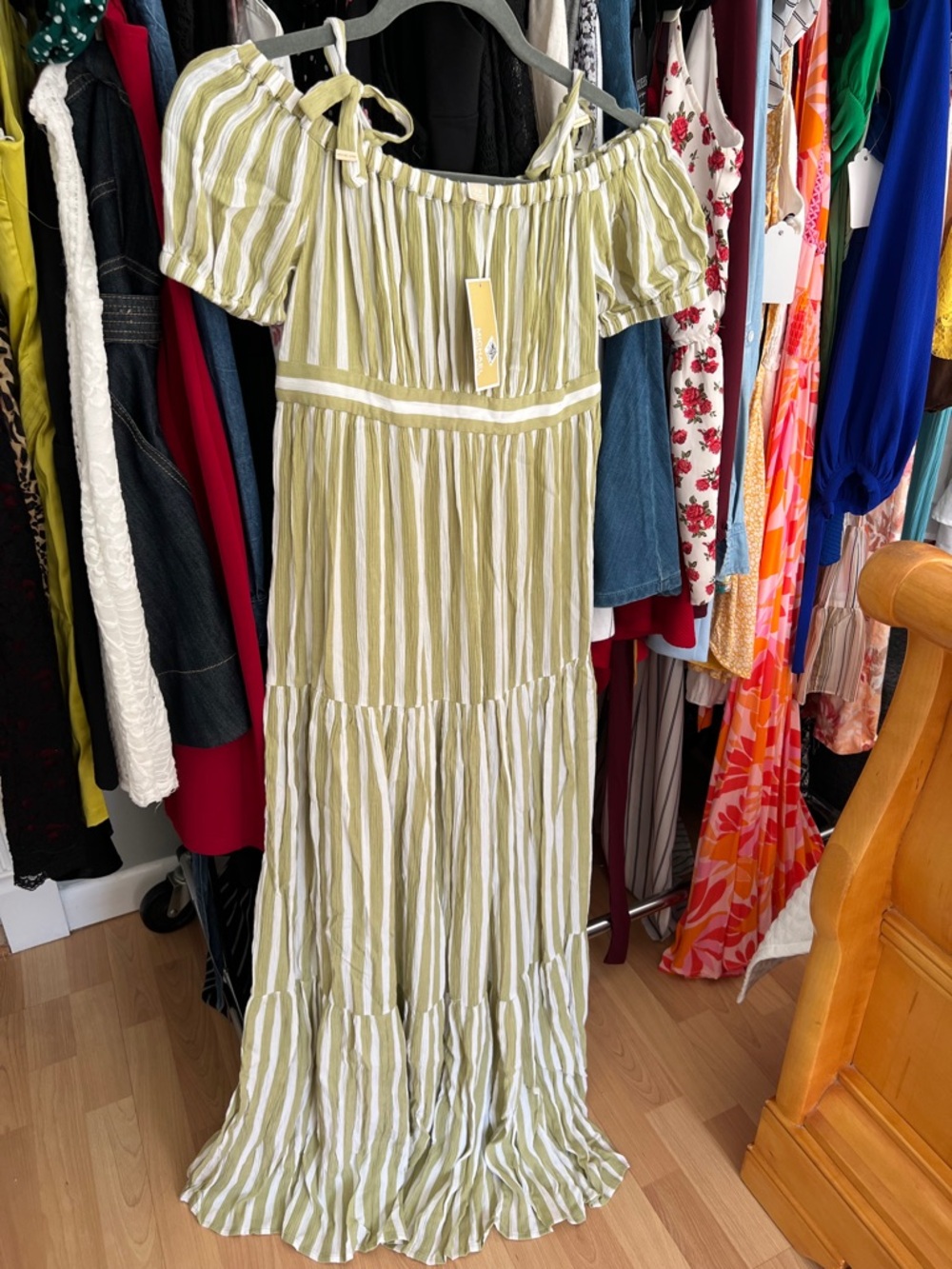 Michael Kors Olive and White Striped Off-Shoulder Maxi Dress